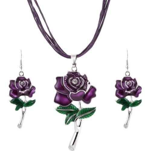 Fashion Brand Enamel Flower Jewelry Sets Purple Multi Layers Leather Pandent Necklace Drop Earrings Jewelry Set For Women