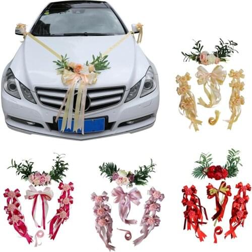 9pcs Wedding Car Decorations Kit Set Limousine Silk Flower Ribbon Bow DIY Decor
