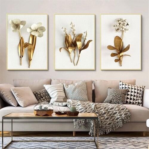 Gold Leaves Flowers Wall Art Canvas Painting Abstract Print Luxurious Posters And Prints Nordic Wall Pictures Living Room Decor