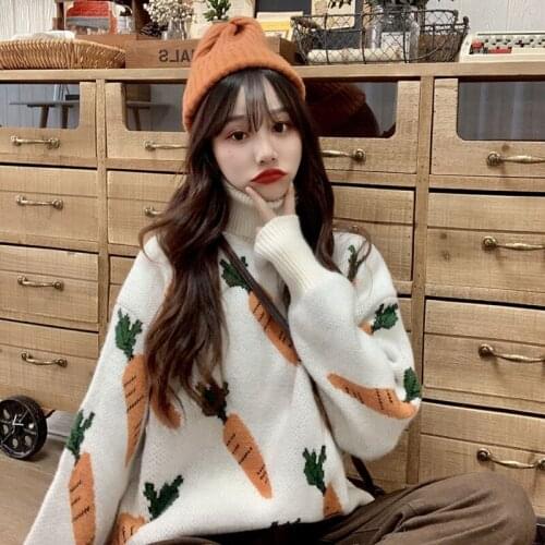 2021 New Winter Japanese Sweet Kawaii Embroidery Loose Pullover School Sweaters Cartoon Preppy Style Turtleneck Women Sweater