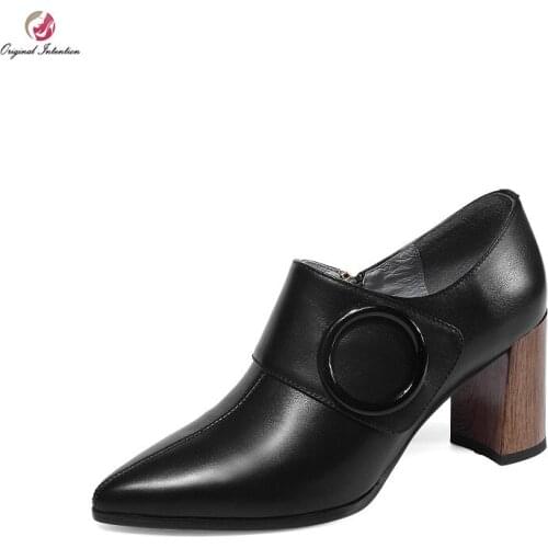 Original Intention Fashion Women Concise Pumps Real Leather Pointed Toe Square Heels Pumps Black Apricot Shoes Woman Size 3-10.5