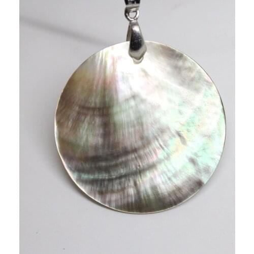 40mm Round Coin Shape Shell Beige Black Mother of Pearl Pendant Black Rope Necklace 17.5inches