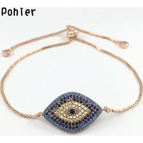 Rose Gold Color 23*10mm Turkey Evil Eye Hamsa Fatima Hand Charms for Women Adjustable Bracelets CZ jewelry