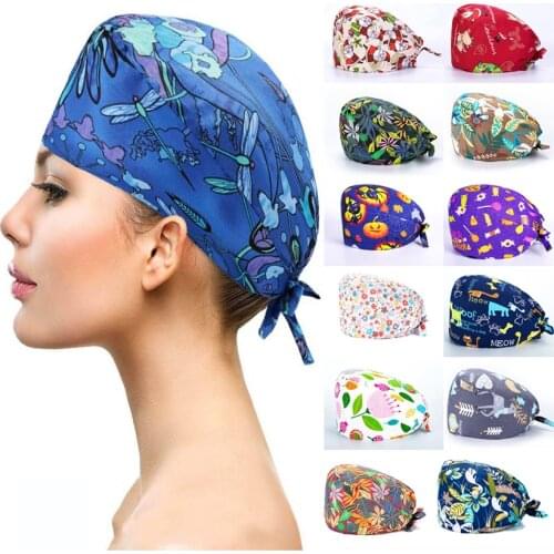 Nurse Cap Uniform Nurse Woman Working Cap Unisex Printed Adjustable Absorb Sweat Surgical Workwear Groomer Clothes