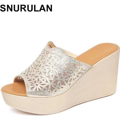 SNURULAN New PlusSize Rhinestone Wild Cool SummerShoes Women Sandals Slippers Non-slip High Heels Wedges Sandals Fashion Slipper