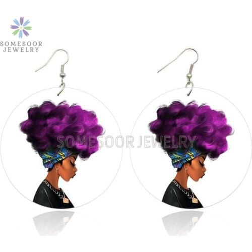 SOMESOOR Purple Red Afro Curls Natural Hair Woman Wooden Drop Earrings Black Arts Both Sides Printed Wood Pendant Hoops Jewelry