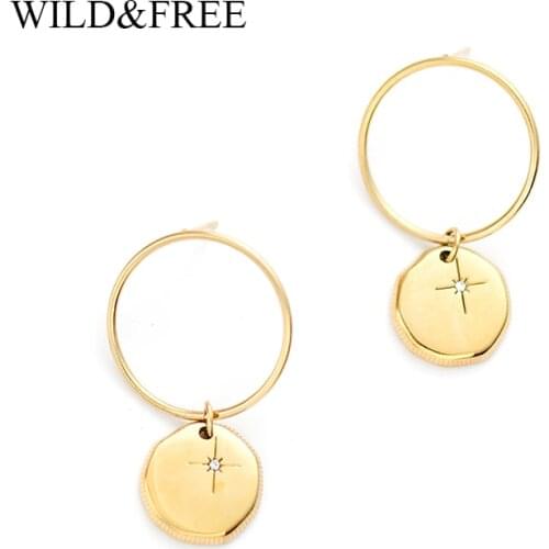 Wild&Free New Round Disc Circle Dangle Earrings For Women Star Pattern Geometric Drop Earrings Gold Stainless Steel Jewelry