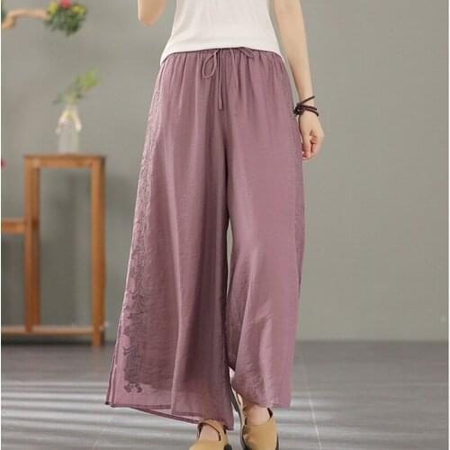 Plus Size Women Cotton Pants Summer Elastic Waist Loose Casual White Wide Leg Pants Chinese Style Cotton Linen Trousers 12714