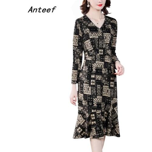 Long sleeve vintage floral dresses for women casual midi spring autumn dress elegant clothes 2021