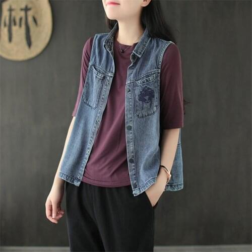 Womens Vests Coat Summer Outerwear Female Cotton Turn-Down Collar Cowboy Waistcoat Denim Vest Jackets Women Vintage Jeans Vests