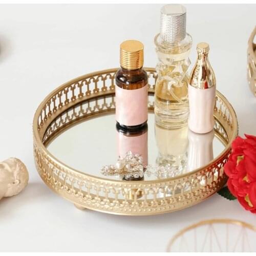 Golden Fine Jewelry Storage Tray Glass Mirror Base Bedroom Table Top Cosmetic Decoration Perfume Storage Box Store Items TW109