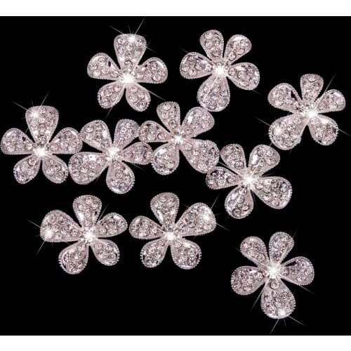 10 Silver Crystal Diamante Flower Buttons Bridal Shoes Dress DIY Decor 0.78"