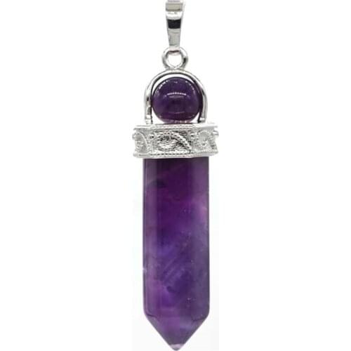 100-Unique Personalized Silver Plated Hexagonal Prism With Round Beads Pendant Natural Amethysts Jewelry