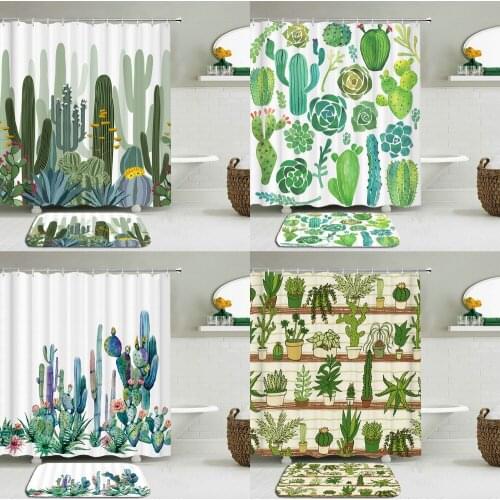2pcs/set Cactus Flowers Plant Shower Curtain Set Bath Curtains Waterproof Polyester Fabric + Non-slip Mat Toilet Bathroom Decor
