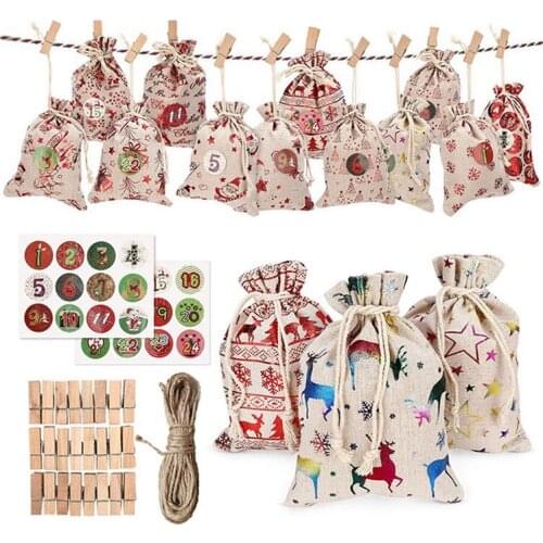 24Pcs Christmas Gift Bags Calendar Countdown Jute Bag Candy Storage Pouch DIY Christmas Advent Calendar Bag