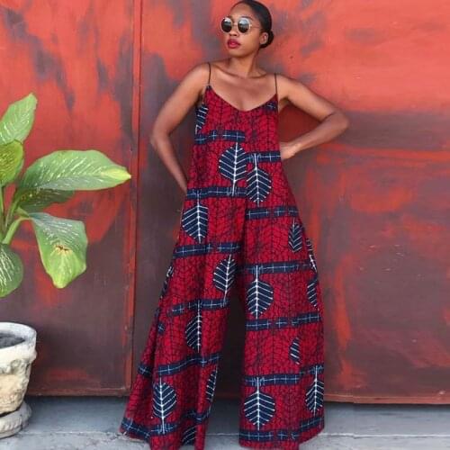 Dashiki African Clothes For Women Spaghetti Strap Sleeve Backless Boot Cut Rompers 2021 New Fashion Streetwear African Jumpsuits
