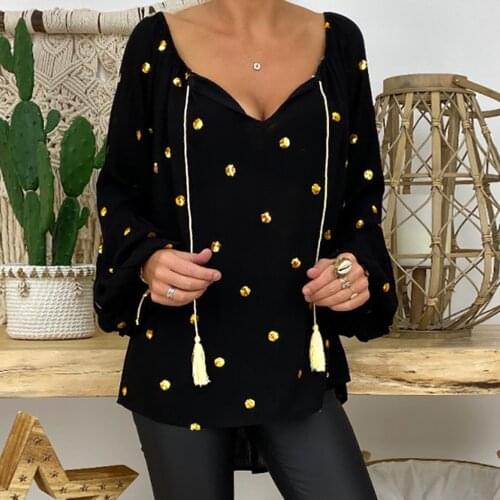 Shining Polka Dot Women Blouses Plus Size Long Sleeve Golden Printed Loose Shirt Top Ladies Oversized Blouse Dames Kleding Zomer