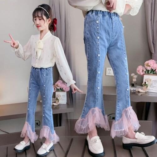 Kids Girls Jeans Casual Children Denim Pant New Style Spring Girl Flared Trousers For 4-13Yrs Mid Big Children Cute Girls Pants