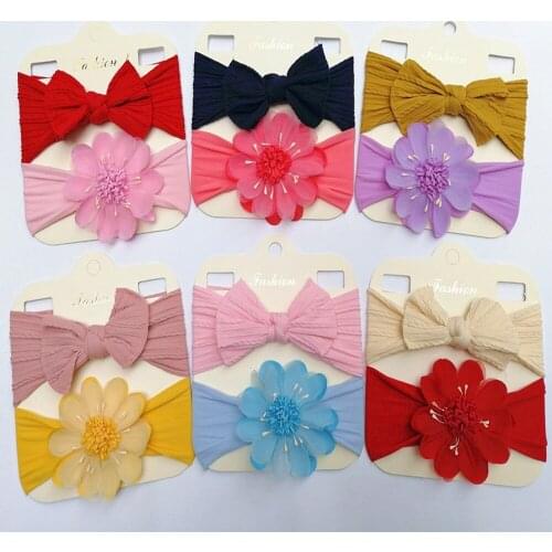 2pcs/set Toddler Solid Color Striped Bows Elastic Headband Fashion Handmade Flowers Nylon Hairband Kids Accessories Photo Props