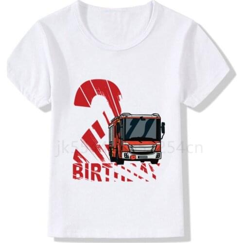 Boys Cool Fireman Birthday Party T-shirt Kid Fire Truck Shirt Boy Train Tees Toddler Boy Construction Truck Shirts Number 2-8