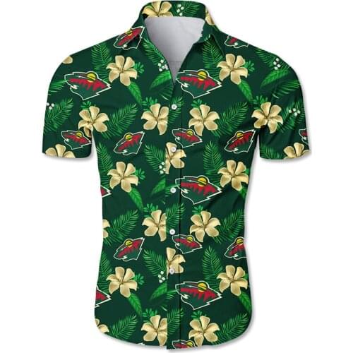 Minnesota mens casual hawaiian shirts yellow flowers green growling bear 3D Wild tops