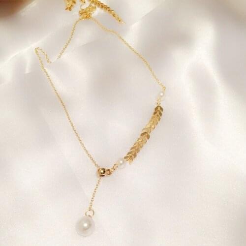 Hot Sale Fashion Jewelry Sexy Metal Wheat Ear Short Necklace Adjustable Elegant Pearl Prom Party Necklace Korea for Women
