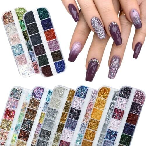 12 Grids Nail Art Pigment Powders Hexagon Sequins Holographic Glitter Irregular Pailettes Flakes Chrome Dust Decorations LY1585