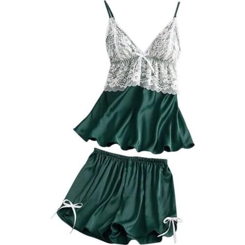 Satin Pajama Set Solid Stitching Sexy Homewear Padded Sling Tops With Chest Pad + Shorts Home Clothes Two-Piece Suit Note Size