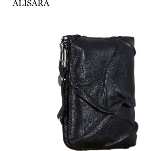 Alisara Zipper Short Wallets First Layer Leather Top End Sheepskin Casual Clutch Bag Storage Coin Purse Key Organizer Card Pouch
