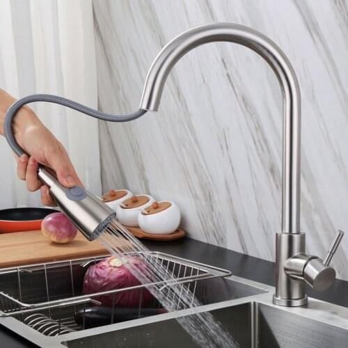 Silver Brushed Pull Out Kitchen Faucet Sink Water Tap Single Hole Handle Mixer Tap 360 Rotation Faucet