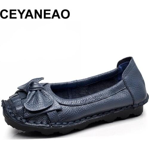 CEYANEAO womens leather loafers; Casual monophonic womens shoes from cowhide; summer shoes with flat soles with a round toe