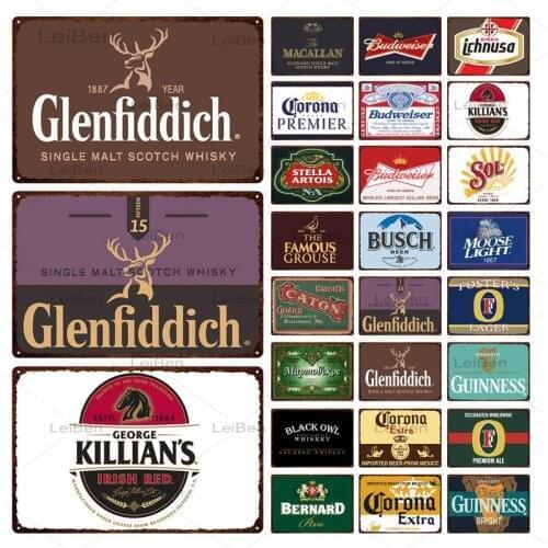 Retro Metal Plaque Glenfiddich Wine Beer Art Poster Vintage Metal Plate Decoration Bar Club Guinness Metal Tin Sign Wall Sticker