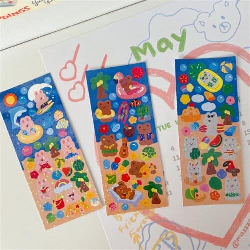 Cartoon Bear Rabbit Cat Cute Stickers Korean Ins Glittering Laser Waterproof Post It Mobile Phone Stationery Decorative Sticker