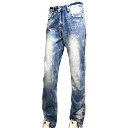 Fashion brand vintage washed jeans light blue mens slacks straight jeans