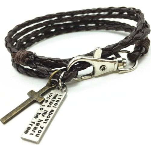 Hot Sale Handmade Cuff PU Leather Vintage Cross Charm Men Bracelets & Bangles for Women Homme Jewelry Accessories