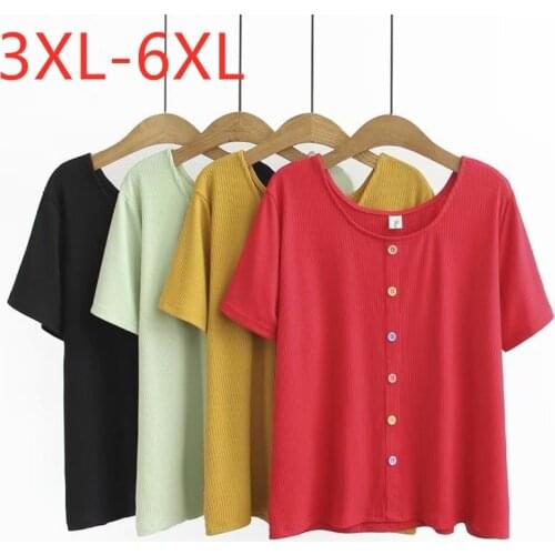 New 2021 Ladies Summer Plus Size Knit Tops For Women Large Short Sleeve Loose Red Yellow Button O-neck T-Shirt 3XL 4XL 5XL 6XL