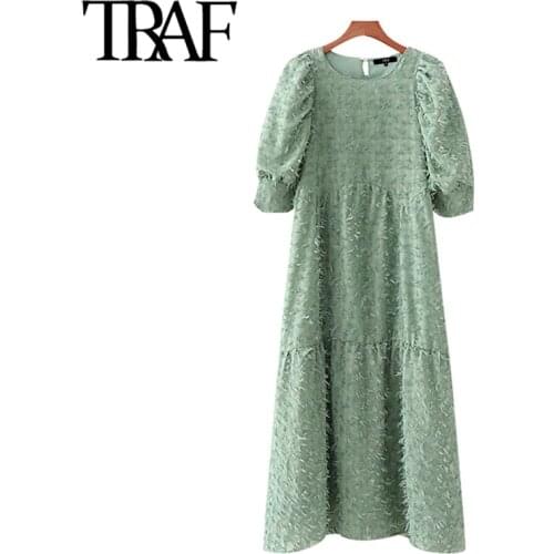 TRAF Women Chic Fashion With Tassel Midi Dress Vintage O Neck Puff Sleeves Female Dresses Vestidos Mujer