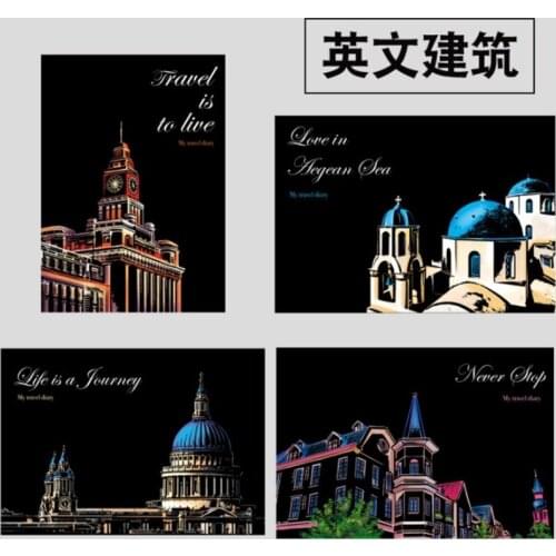 1 Set English Architecture A4 Night Scene Scratch Painting City Night Scene Scratch Card Handmade DIY Stencils Painting Template