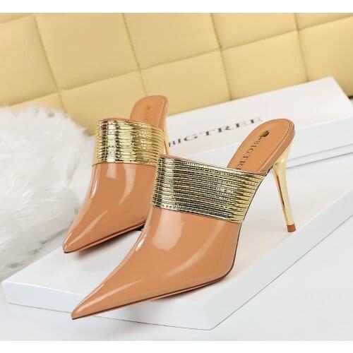 BIGTREE Patent Leather Summer Gingham Women Shoes Fashion Slides Thin Heels Bling Sexy Casual Pointed Toe 2021 Black Size 34-40