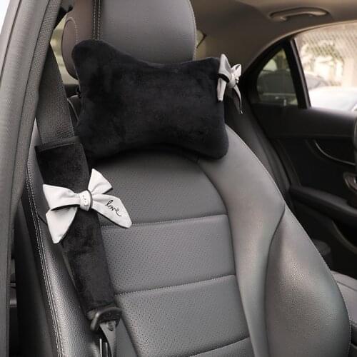 Cute Bowknot Universal Car Neck Pillow Seat Headrest Grey Bow Rhinestone Auto Waist Support Car Accessories Interior for Women