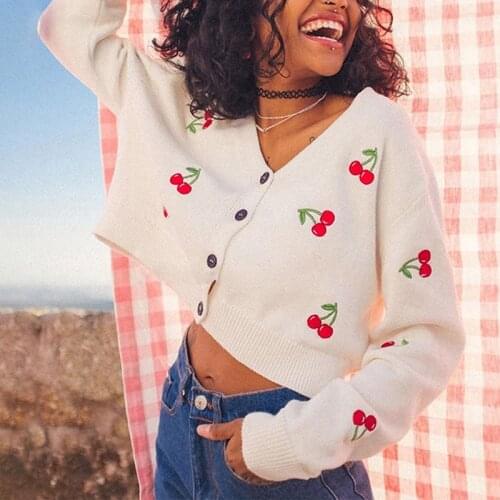Knit Cardigan Cherry Print Sweaters Women Long Sleeve V-Neck Casual All-match Crop Tops Coats Sweet Female Spring Autumn Clothes