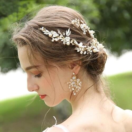 Women Headpiece Hair Vine Alloy Pearls Rhinestone Headwear Dangle Drop Earrings Wedding Bridal Bridesmaid Custome Head Accessory