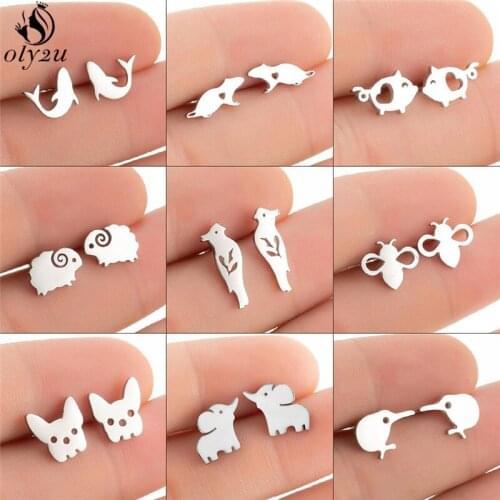 Multiple Cute Animal Parrot Earrings Women Stainless Steel Jewelry Punk Bulldog Hummingbird Bee Pig Earring Studs Female Gifts