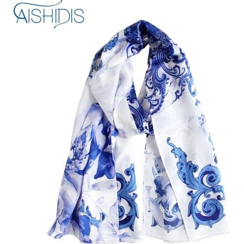 Silk Long Scarf National Wind Women Long Wraps Blue and White Porcelain Pendant Shawl Pattern Size175*52cm