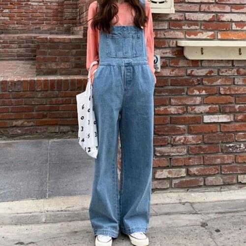 2021 Autumn Popular Denim Jumpsuit Metal Buckle Strap Large Pockets Women Loose Sleeveless Straight Jumpsuit Streetwear Hot Sale