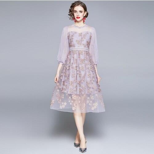 Runway Autumn Dress Women O-Neck Sexy Puff Sleeve Mesh Flower Embroidery Midi Dress Robe Femme