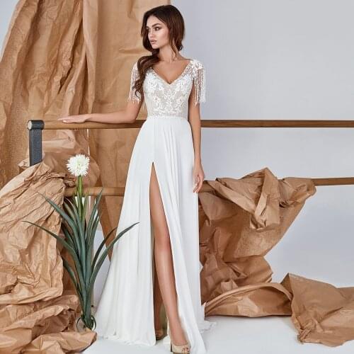 Vestidos Sexy Wedding Dresses Chiffon Appliques Tassel V-Neck Short Sleeve Covered Button A-Line Bridal Gowns Novia Do 2021