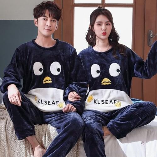 2021 Winter Couple Long Sleeve Cute Cartoon Thick Warm Flannel Pajama Sets for Men Coral Velvet Sleepwear Women Homewear Clothes