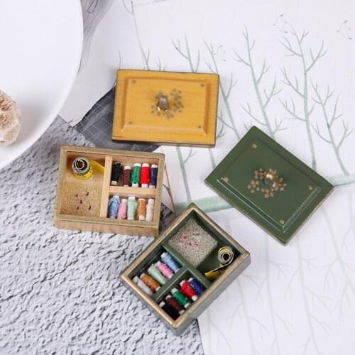 1:12 Miniature Vintage Sewing Box With Lid Winered Dollhouse Decoration Accessories Best Sale
