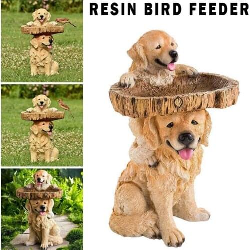 1pc Carved Dog Bird Bath Feeder Stand Resin Decoration Bird Feeding Supplies Outdoor Yard Garden Decor Ornament
